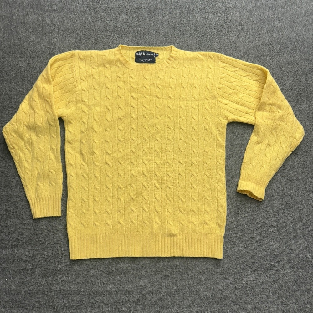 Ralph Lauren Lambswool Sweater Medium Cable Knit Yellow Vintage‎ 90s
